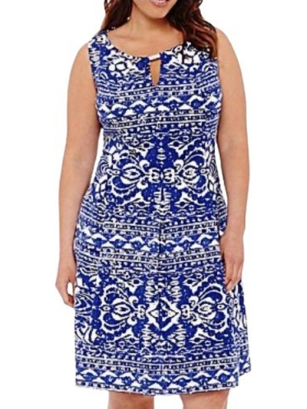 Gabby Skye Plus A-Line Geo-Print Dress Blue White Sleeveless Keyhole Neck Pleats